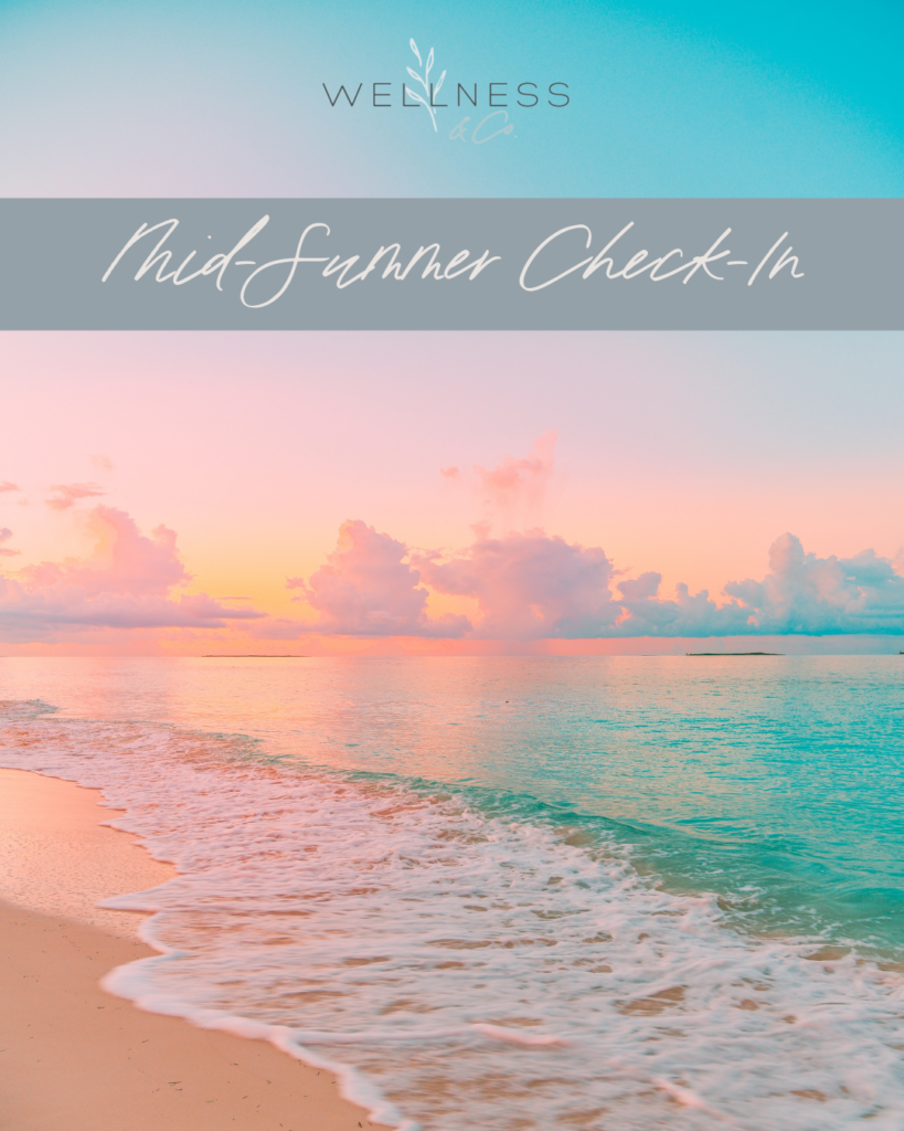 Image of beach at sunset with text: Mid-Summer Check-In