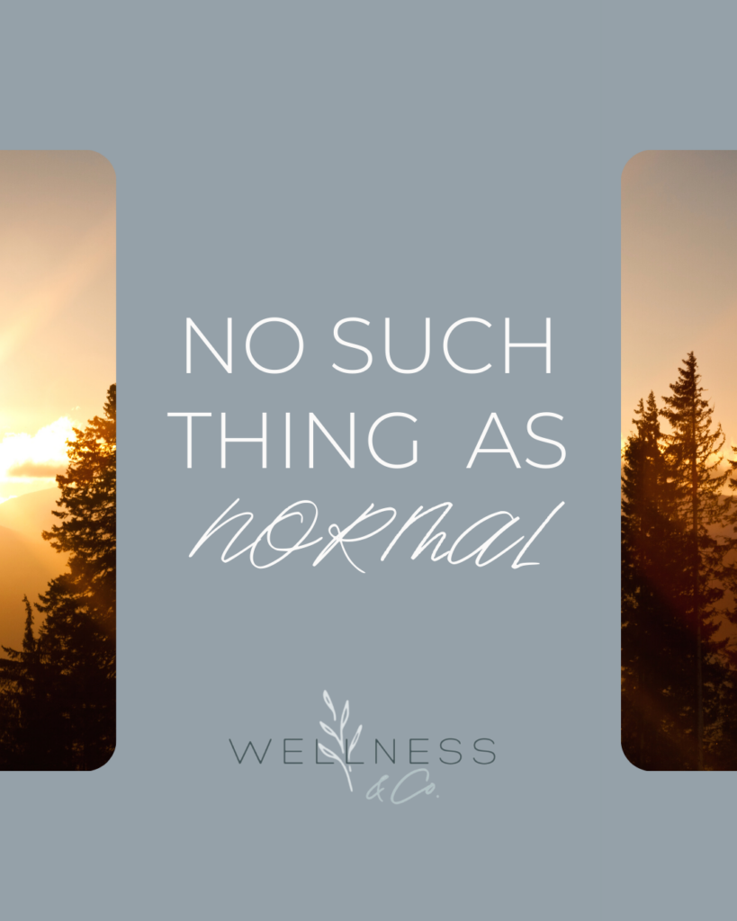 Image of a sunset over evergreen trees with text that says "No such thing as normal"