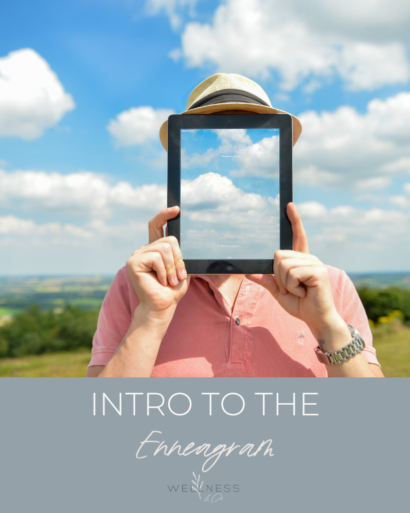 Image of a person holding a iPad in front of their face with an image of the blue sky on the device with the words "Intro to the Enneagram"
