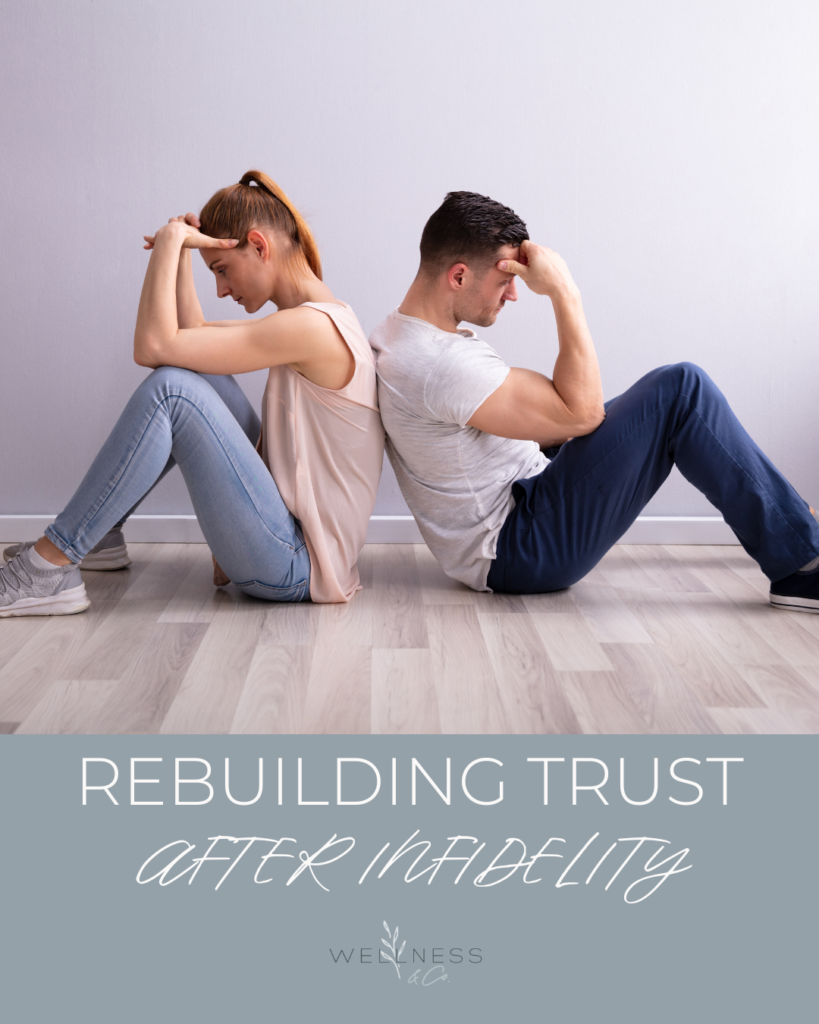 Image of a couple looking sad and sitting down back to back that says "Rebuilding Trust after Infidelity"
