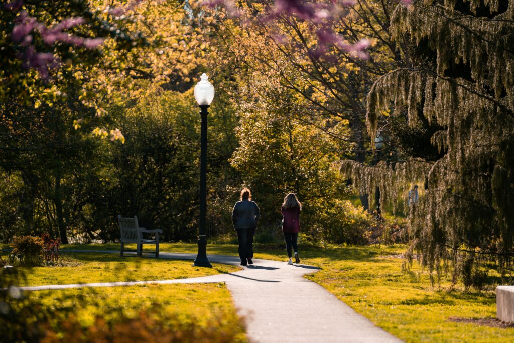 Image of two people walking together in a park.